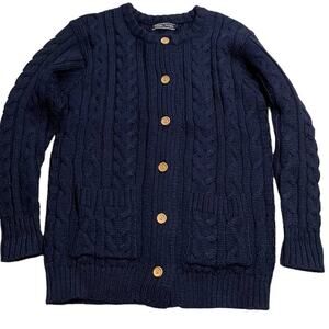 NWOT WoolOvers 100% British Wool Medium Chunky Cable Knit Sweater Cardigan Blue